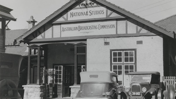 Black and white photo of old ABC building Adelaide Terrace
