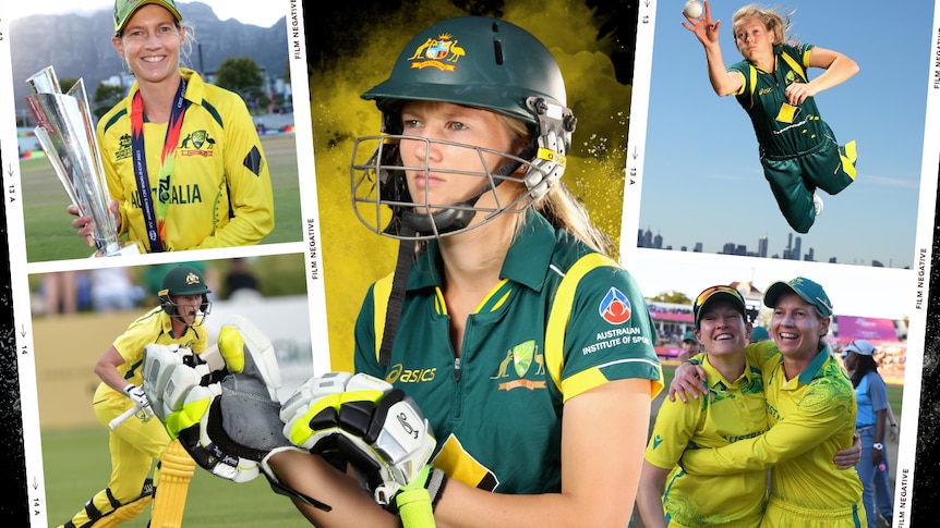 Multiple images of Meg Lanning in an Australia cricket uniform.