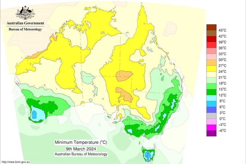 A colour coded map of Australia showing high overnight temperatures