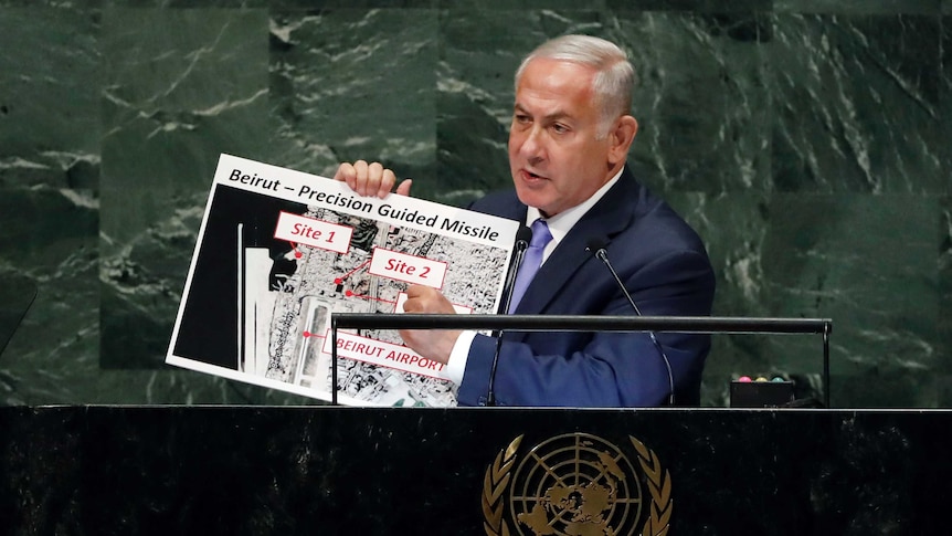 Benjamin Netanyahu points to map of Beirut missile sites at UN