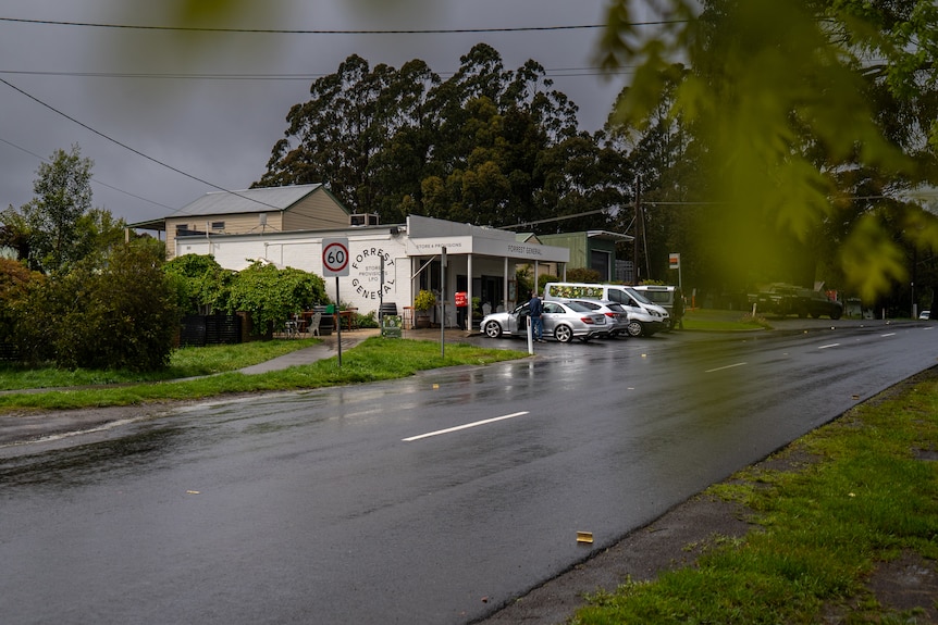 a road with a small shop in the distance surrounded by tall trees, the weather is wet and gloomy.