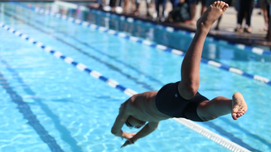 A young man in black swimming shorts dives into a pool.