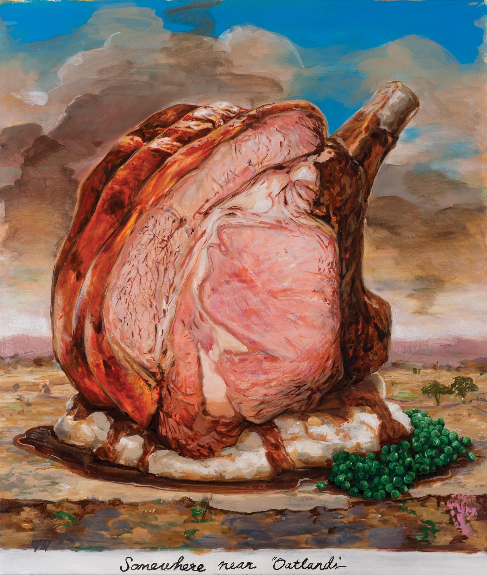 A painting of a gigantic cooked leg of ham on a brown landscape.