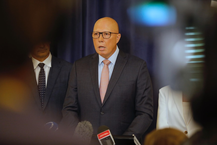 Australian Opposition Leader Peter Dutton speaks during a press conference.