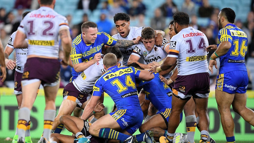 Broncos and Eels players scuffle