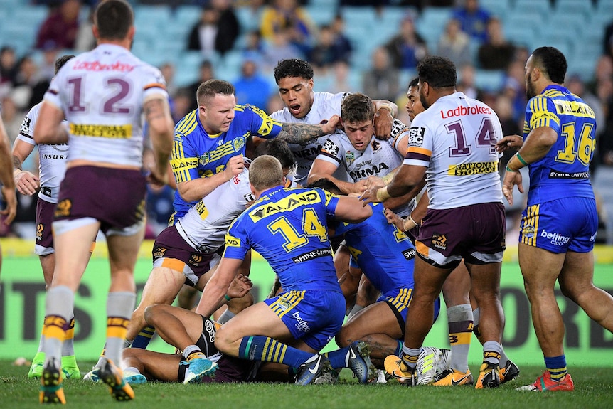 Broncos and Eels players scuffle