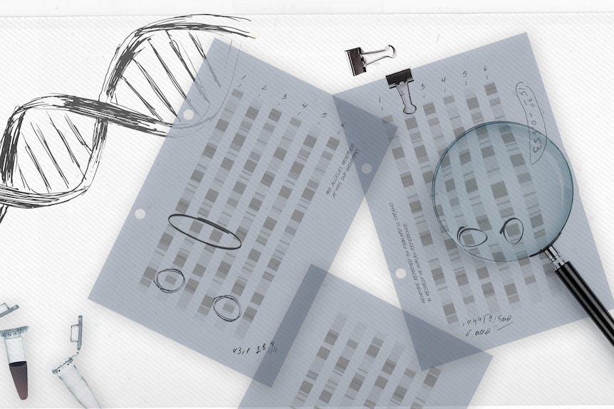 A graphic of DNA sampel results and other DNA symbols