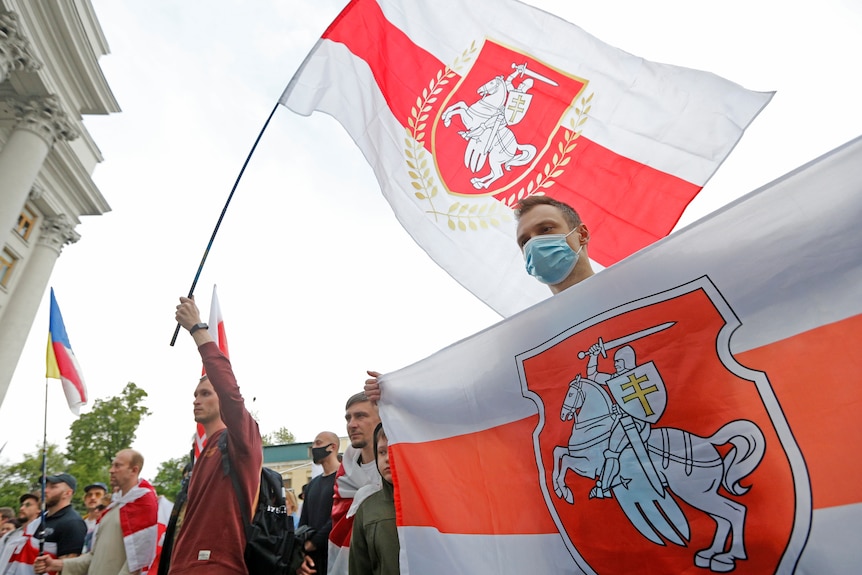 Protesters wave flags. 