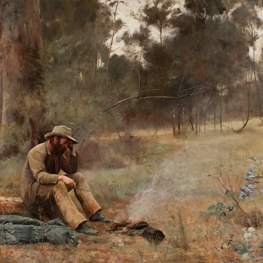Frederick McCubbin painting, Down on his luck 1889. A drover sits by his outback campfire
