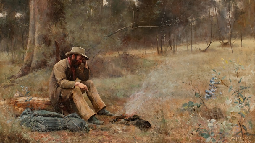 Frederick McCubbin painting, Down on his luck 1889. A drover sits by his outback campfire