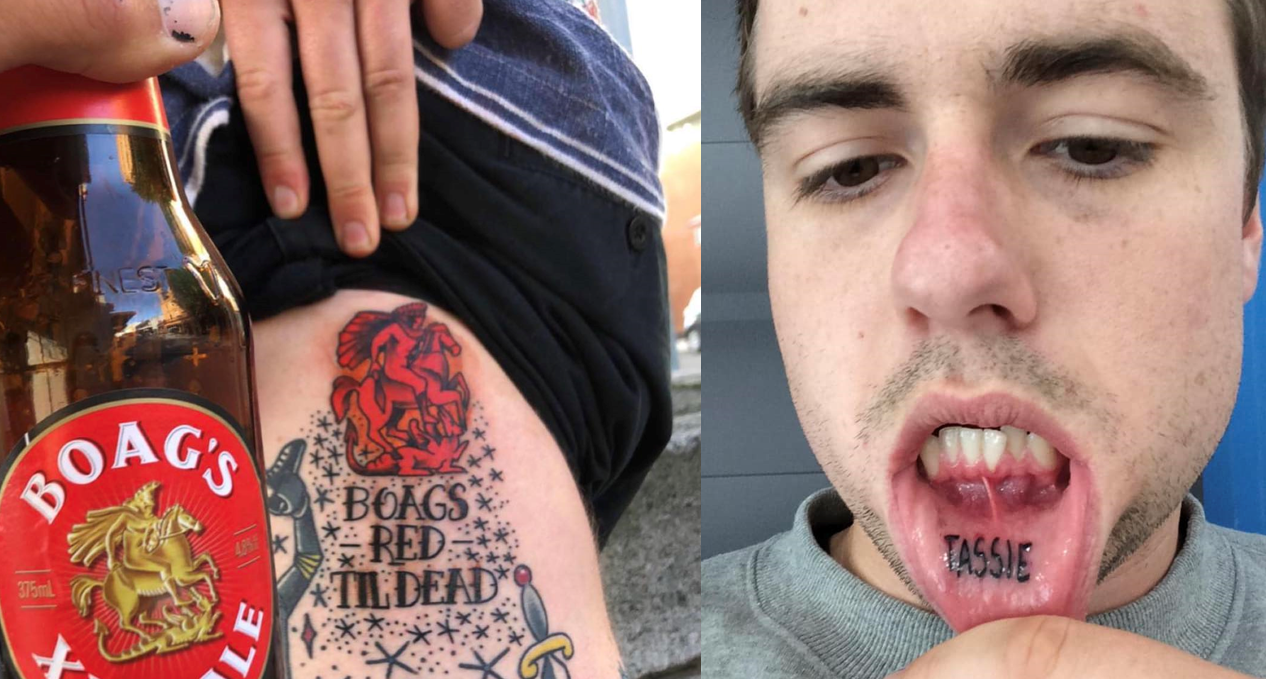 two photos, one of a tattoo that says boags red till dead and anothert of the inside of a bottom lip tattoed with the word tass