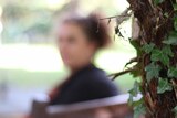 Blurred photo of domestic violence survivor 'J', with foliage in the foreground in focus.