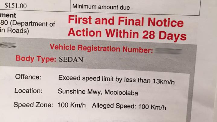 Fined for driving 100kph in an 100kph zone