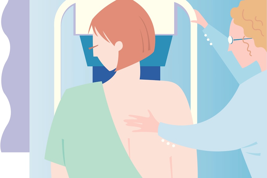 An illustration of a woman undergoing a mammogram.
