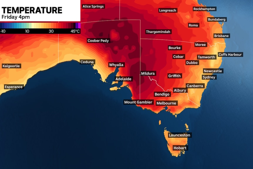 A map of south-eastern Australia showing dark red colours indicating a heatwave on Friday, at 4pm.