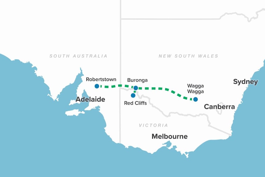 A map showing where the interconnector will go between South Australia and New South Wales.