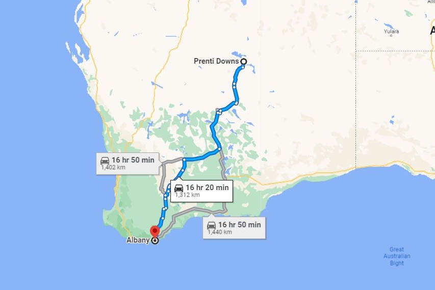 A map showing the distance from Prenti Downs in central WA to Albany in the south.
