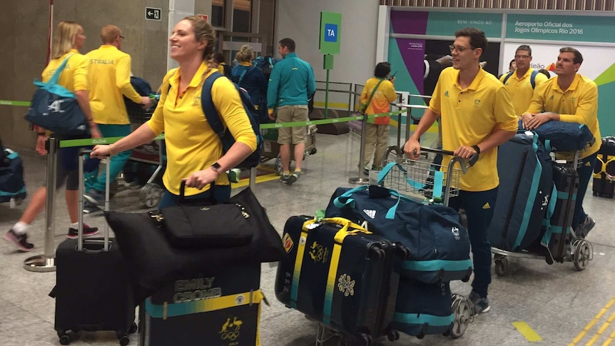 Australia's swimmers arrive at Rio de Janeiro ahead of the 2016 Olympic Games.