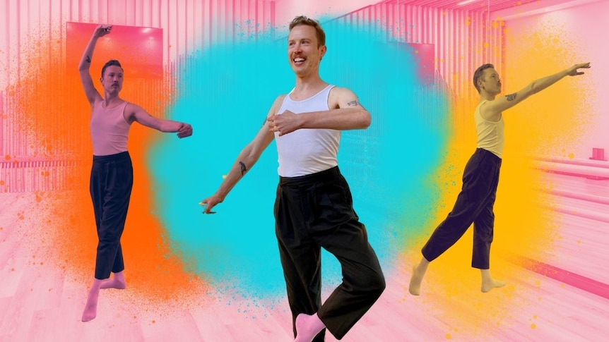 A composite image of three pictures of Patrick Lenton, wearing a white singlet and displaying three different ballet poses.