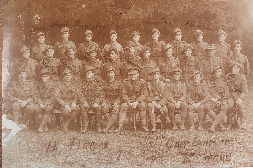 Sepia group photo of soldiers in uniform.