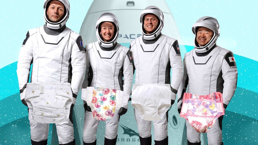 Four astronauts from the SpaceX Crew-2 mission with babies nappies collaged over the top of them.