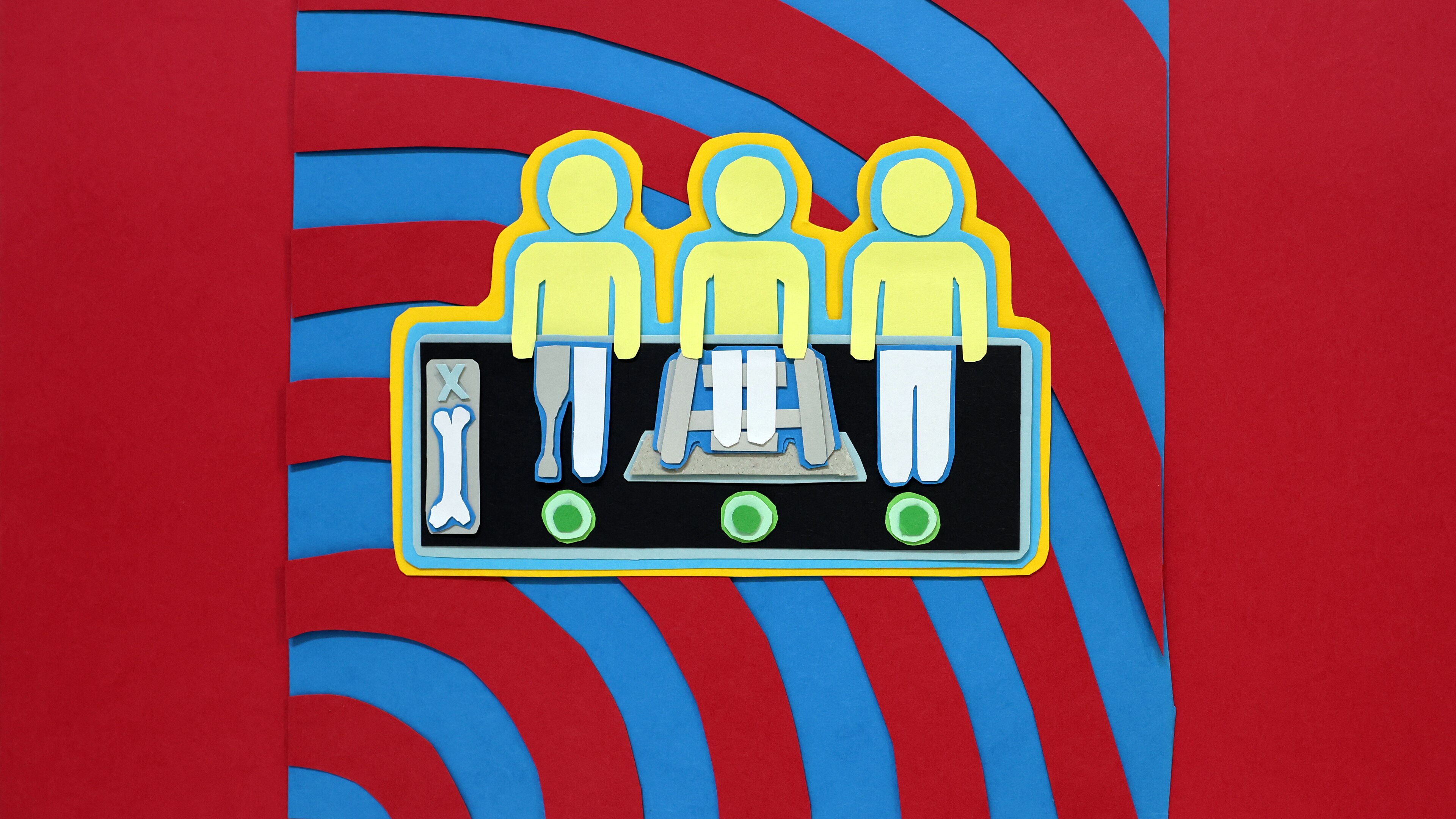 An artwork showing an x-ray machine with three people with one a single leg amputee, one in a wheelchair and one with two legs.