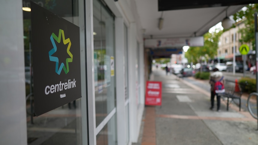 The exterior of a Centrelink building and logo is seen in Sydney.