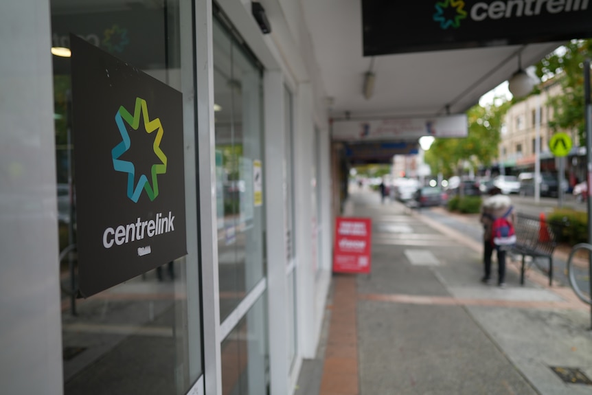 The exterior of a Centrelink building and logo is seen in Sydney.