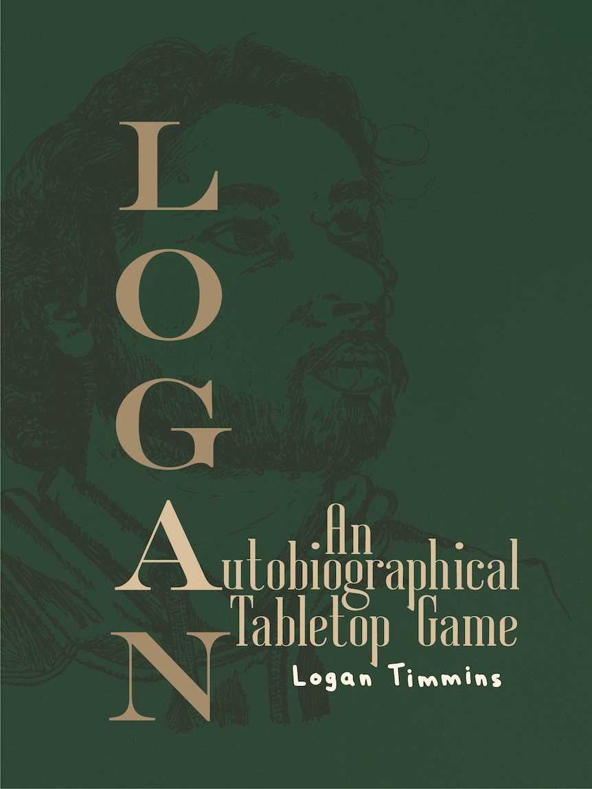 A green cover of a boardgame with the black outline of a man's face, the words Logan: An autobiographical tabletop game