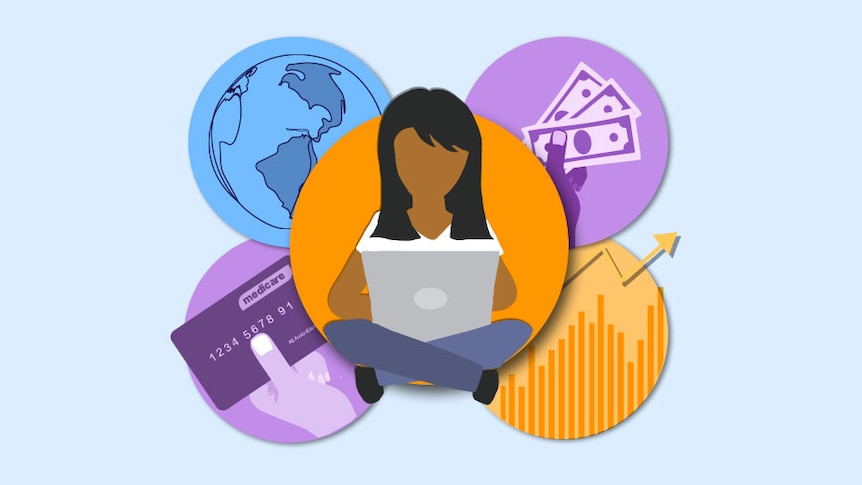 An illustration of a woman at a laptop computer surrounded by graphics of the world. money and a chart