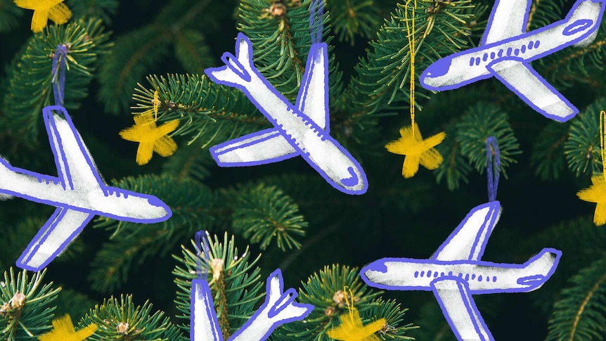 Airplanes hanging off a Christmas tree like decorations