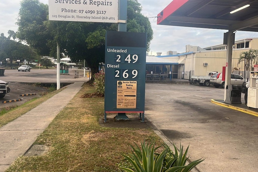 A sign showing petrol prices on Thursday Island are $2.49 a litre. 