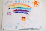 A child's drawing of a person with a rainbow and butterfly.