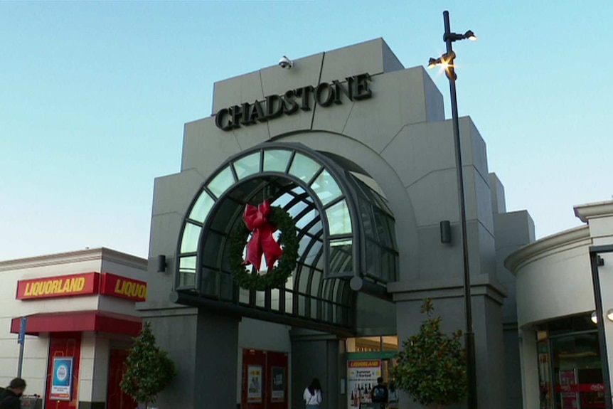 The exterior of Chadstone Shopping Centre with a Christmas wreath hanging as decoration on it.