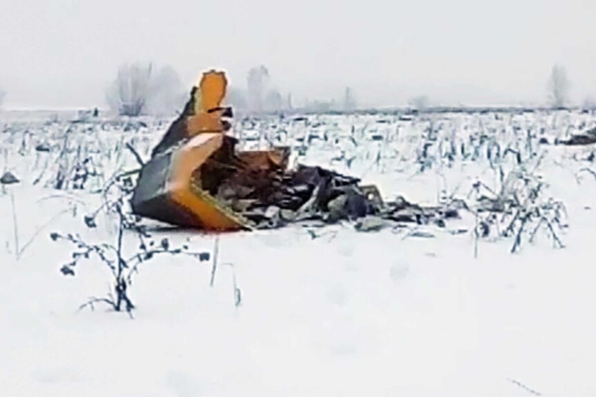 A fragment from the wreckage of a AN-148 plane on the snowfields.