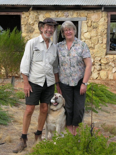 Barry Porter and Helen Jones with their dog Ralph at their property in Barmera