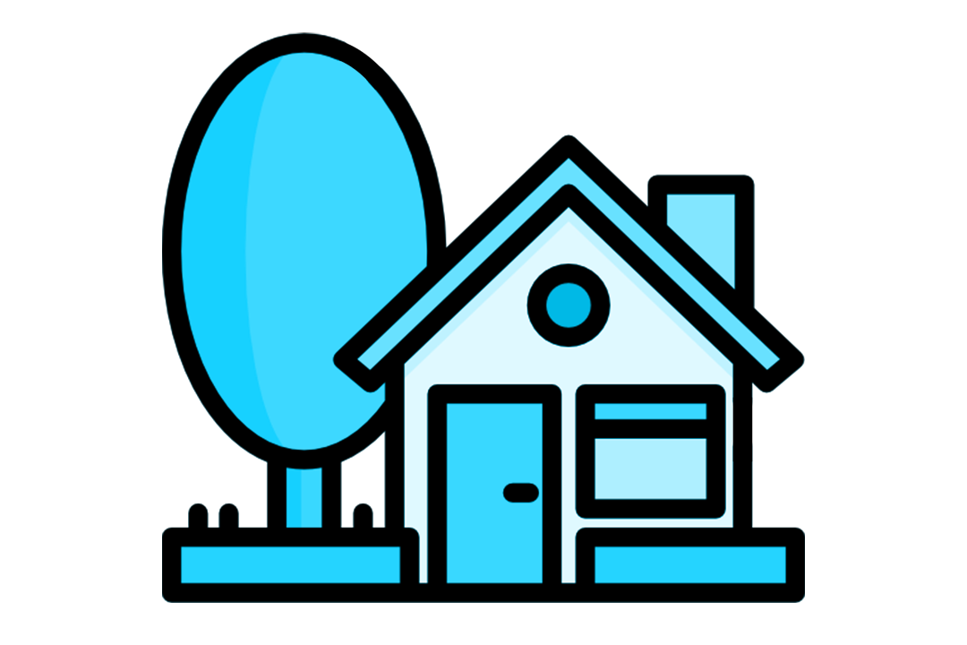A blue graphic of a house with a big tree to its left, above the word 'housing'