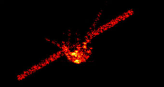 Red radar image of China's falling space station Tiangong-1.