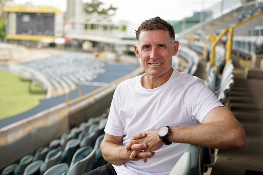 Michael Hussey sits in the Lille Marsh stand at the WACA Ground