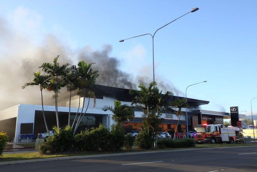 Smoke comes from the Lexus building