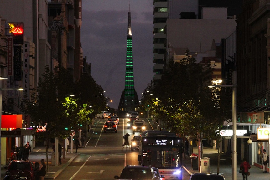 A busy street in Perth shot at dusk