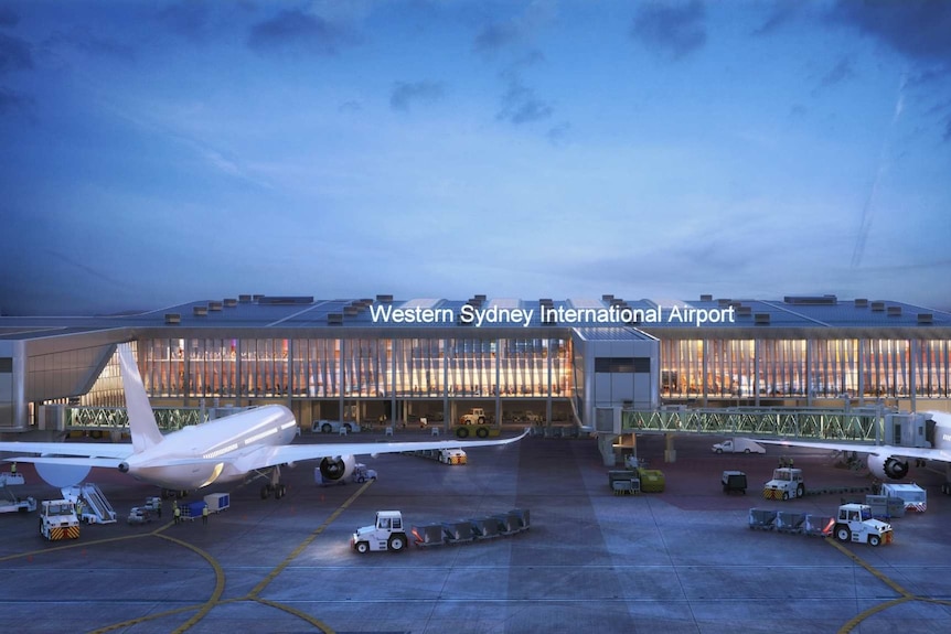 A rendering of Western Sydney Airport showing signage and grounded airplanes