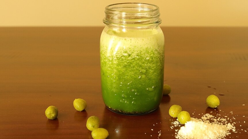 A desert lime smoothie in a glass on a table.
