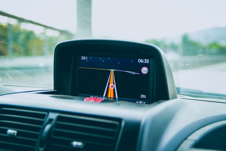 Sat nav on the dashboard of a car.