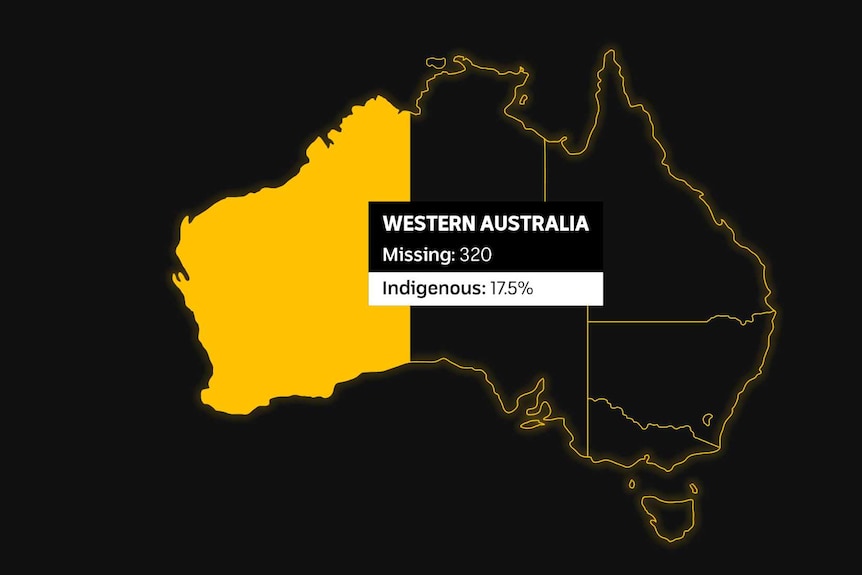 A black and yellow map of Australia shows 17.5 per cent of missing persons in WA are Indigenous.