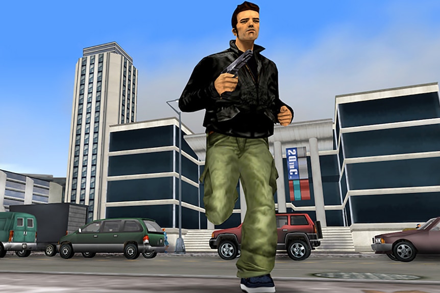 Illustration of man holding a gun and running away from cars and buildings. 