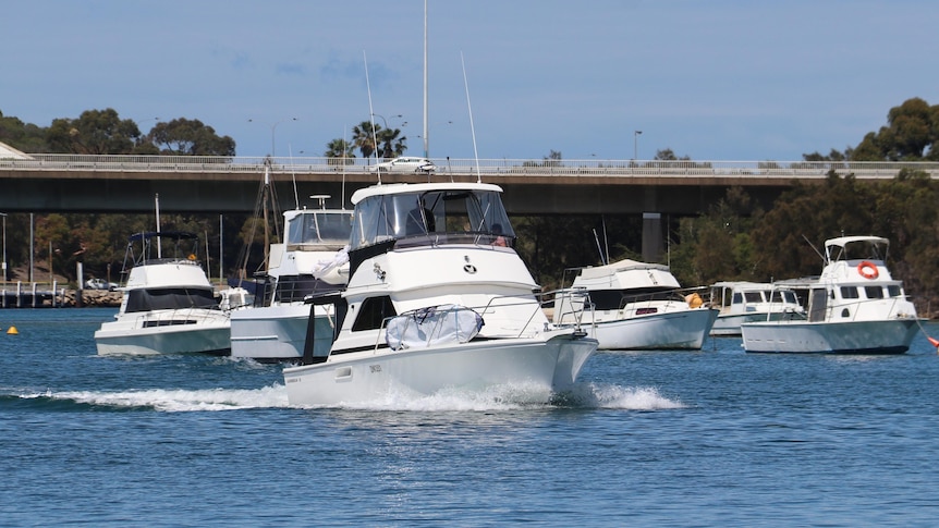 A group of boats drive up a river with a road bridge in the background