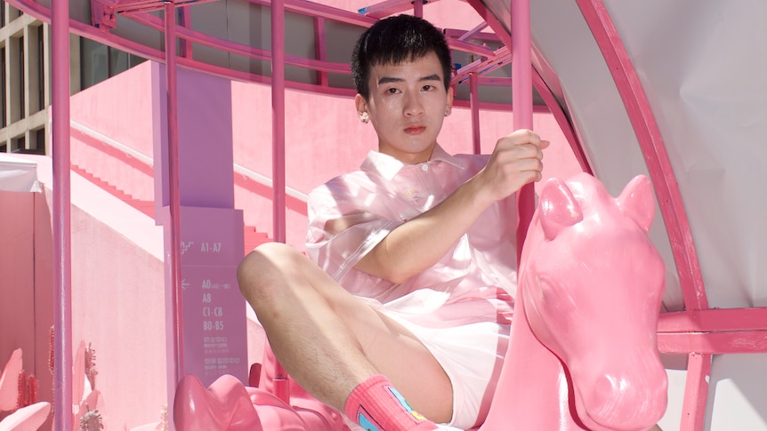 Zhang Yangzi posing in pink on a toy horse