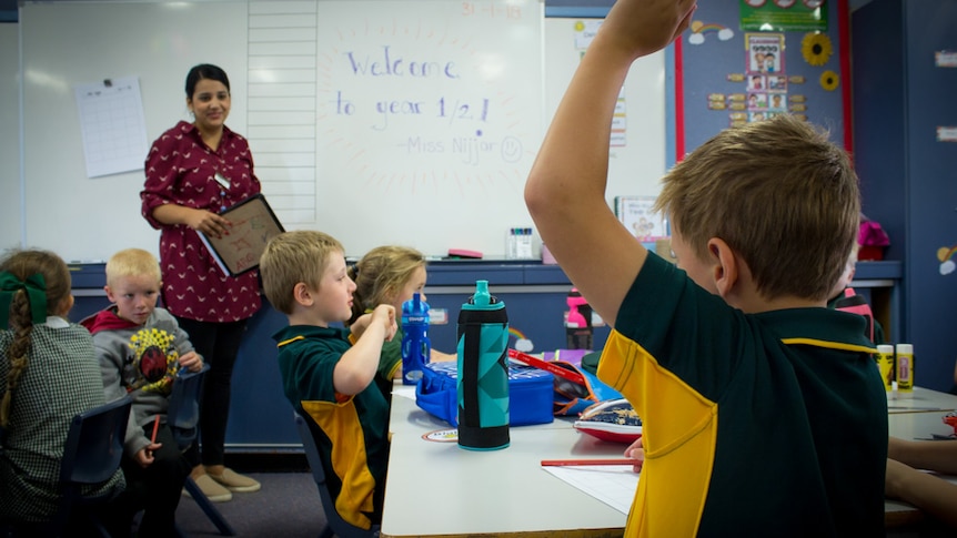 A young student raises his hand in a classroom setting.