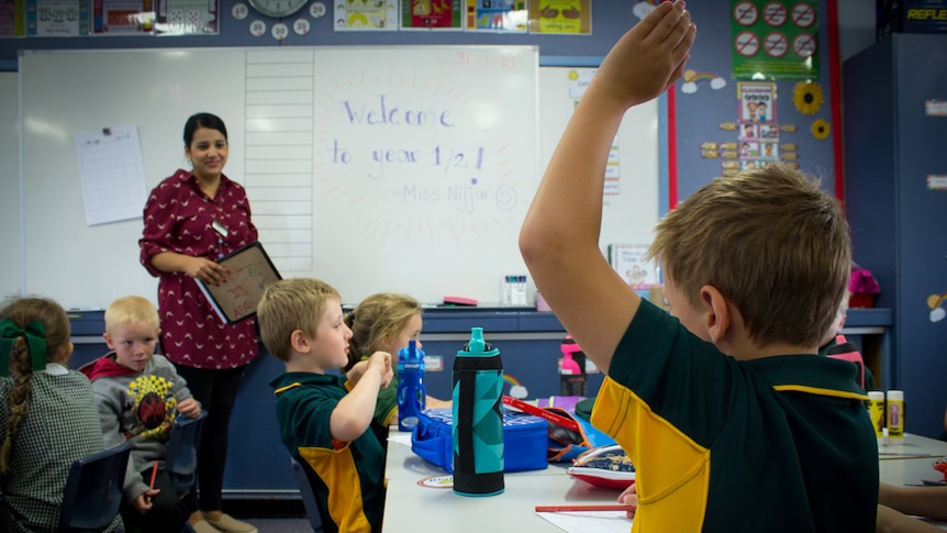 A young student raises his hand in a classroom setting.